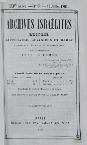 Archives israélites de France. Vol.24 N°14 (15 juil. 1863)